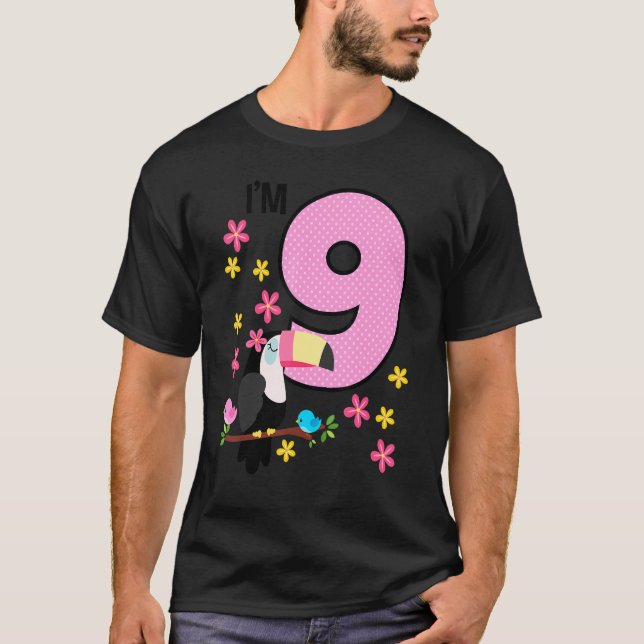 Camiseta Tropi, Chica de cumpleaños de 9 años de Toucan 9Cu (Anverso)