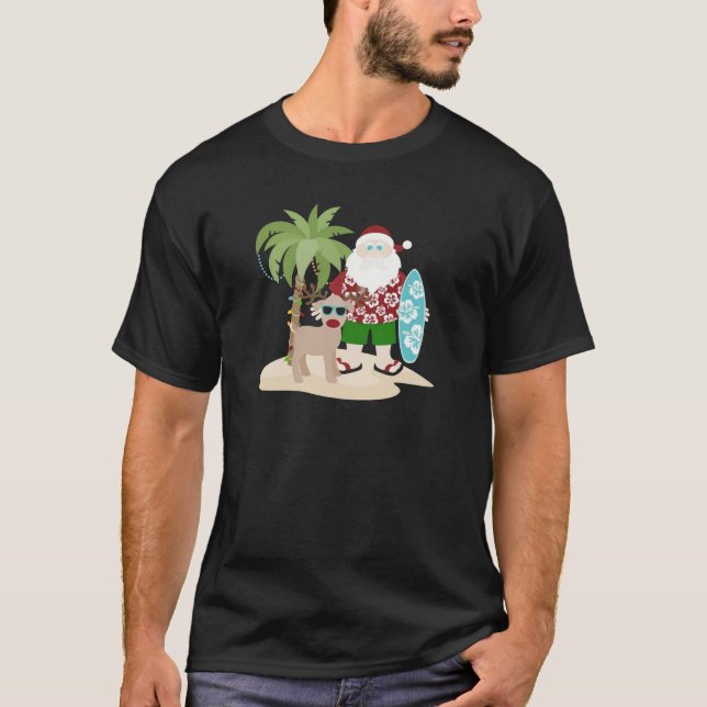 Camiseta Tropical Beach Santa with Surfboard and Reindeer (Anverso)