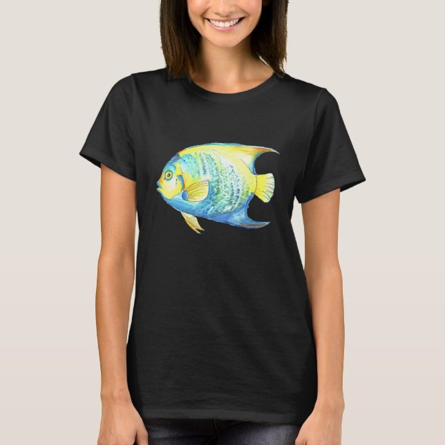 Camiseta Tropical Blue Queen Angelfish Aquarium Watercolor  (Anverso)