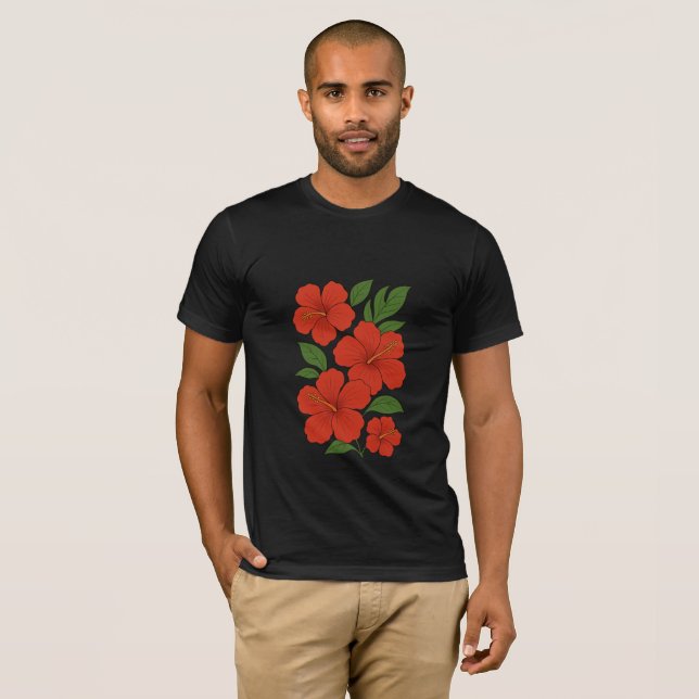 Camiseta Tropical Elegance Red Hibiscus on Black (Anverso completo)