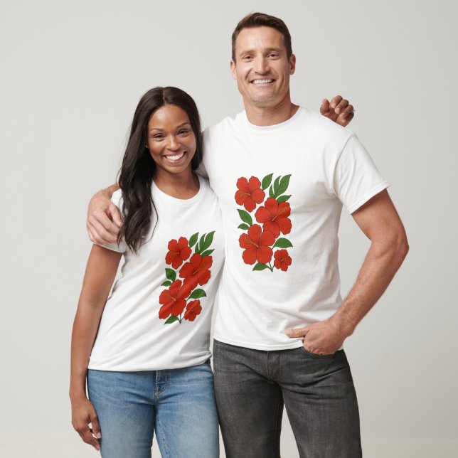 Camiseta Tropical Elegance Red Hibiscus on Black (Unisexo)
