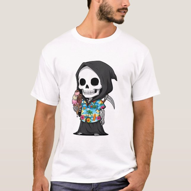 Camiseta Tropical Grim Treats – Playful Skeleton Cartoon (Anverso)