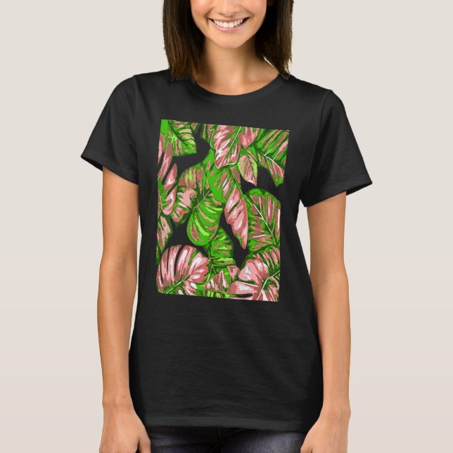 Camiseta Tropical Leaves Of Banana and Monstera Pink Green  (Anverso)