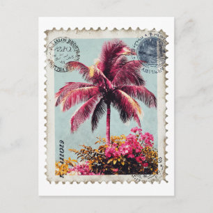 Camiseta Tropical Rosa Palma Sello Postal Vintage 
