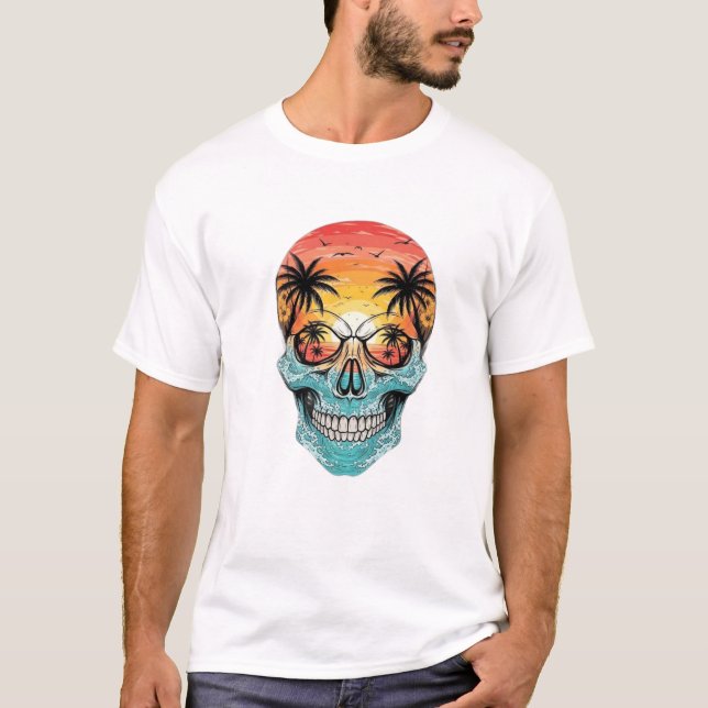 Camiseta Tropical Sunset Skull | Beach Palm Tree Ocean Wave (Anverso)