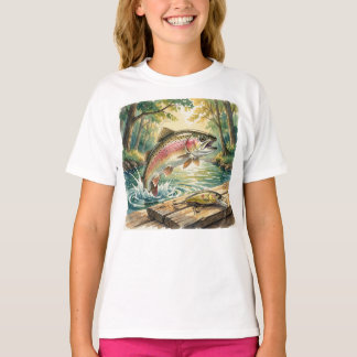 Camiseta Trucha arcoíris saltando en arroyo forestal acuare