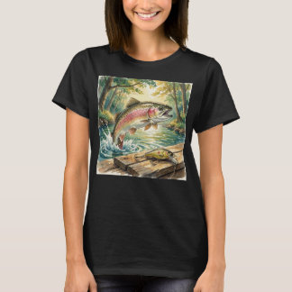 Camiseta Trucha arcoíris saltando en arroyo forestal acuare