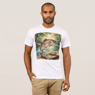 Camiseta Trucha arcoíris saltando en arroyo forestal acuare