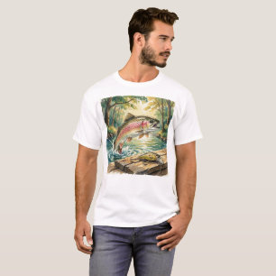 Camiseta Trucha arcoíris saltando en arroyo forestal acuare