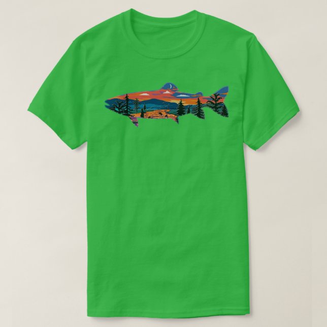 Camiseta Trucha Silhouette Fly Fishing Mountain Sunset Rive (Diseño del anverso)