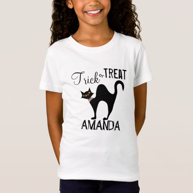 Camiseta Truco De Halloween O Trate A Gato Negro Brillante (Anverso)