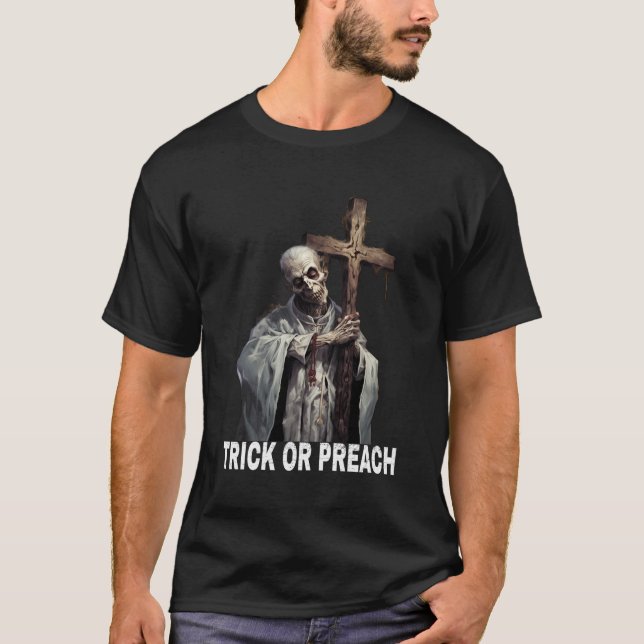 Camiseta Truco O Predicación Graciosa Halloween Religioso Z (Anverso)