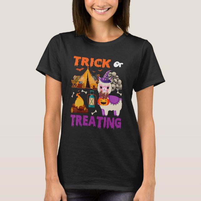 Camiseta Truco O Tratamiento De Halloween Llama Camping Sca (Anverso)