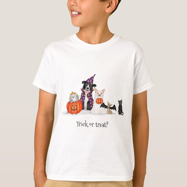 Camiseta ¿Truco o tratamiento? Perros con trajes de Hallowe (Anverso)