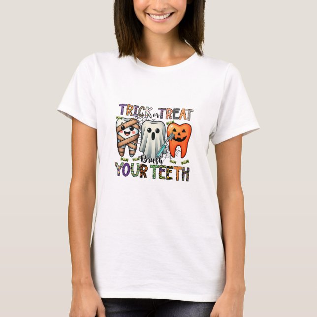 Camiseta Truco o trato cepillar a tu dentista adolescente (Anverso)