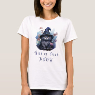 Camiseta Truco o trato Meow Gato Negro Sombrero de Bruja Ha