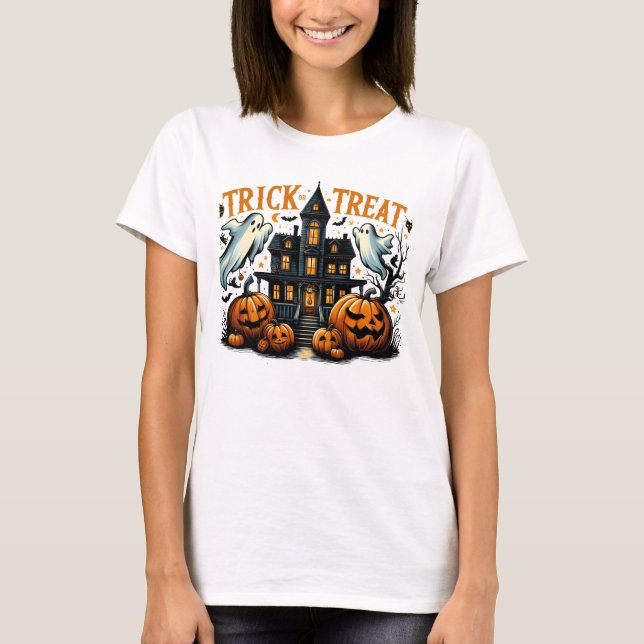 Camiseta Truco o truco espeluznante en una mansión antigua (Anverso)