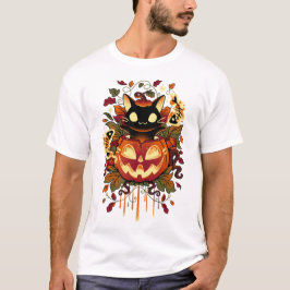 Camiseta Trucos de otoño - Gato negro de Halloween y calaba
