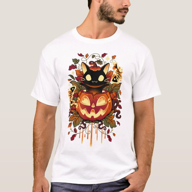 Camiseta Trucos de otoño - Gato negro de Halloween y calaba (Anverso)