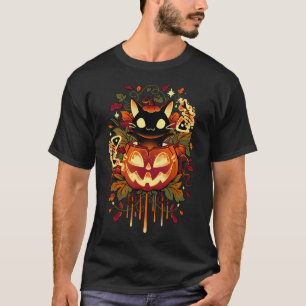 Camiseta Trucos de Otoño - Gato Negro y Calabaza de Hallowe
