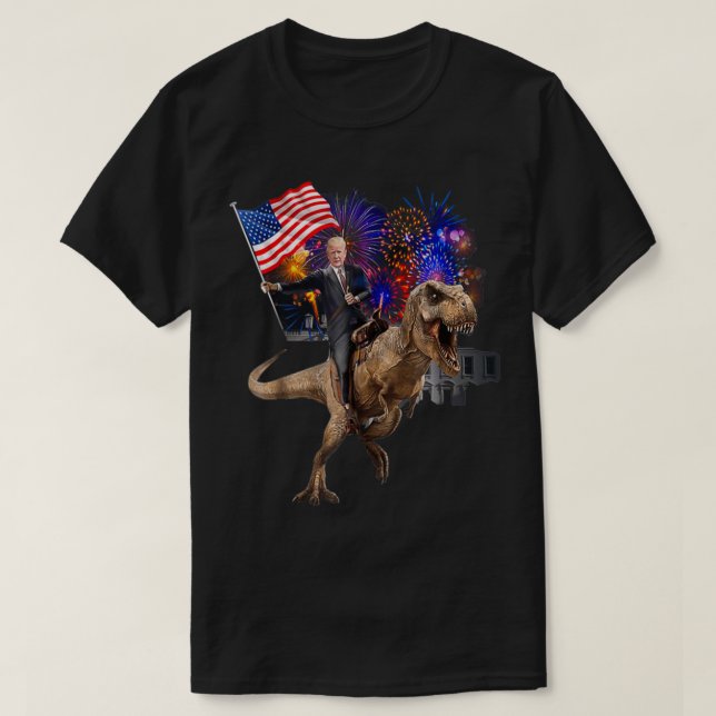 Camiseta Trump montando una tienda de dinosaurios apoya a T (Diseño del anverso)