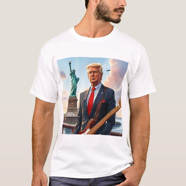 Camiseta Trump tocando guitarra eléctrica en la estatua de  (Anverso)
