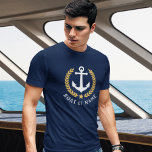 Camiseta Tu barco o tu nombre Anchor de la Marina de Laurel<br><div class="desc">Un Ancla Náutica,  Hojas de Laurel de Estilo Oro y Estrella con tu nombre personalizado o nombre de barco en una camiseta azul de la Marina.</div>