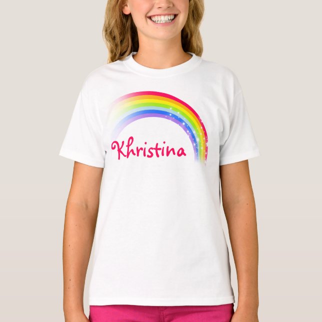 Camiseta "Tu nombre", niños arcoiris arriba (Anverso)