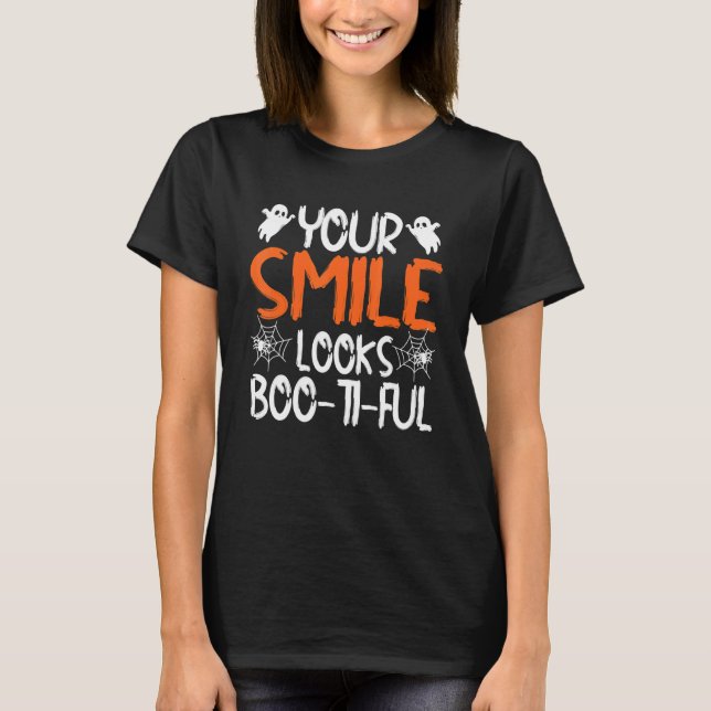 Camiseta Tu sonrisa parece Boo Ti Ful Dentista Halloween Co (Anverso)