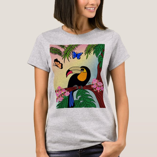 camiseta Tucano tropical e borboletas (Anverso)