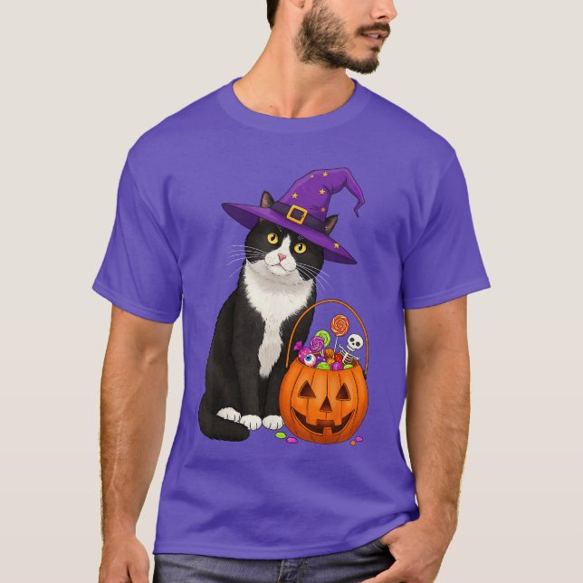 Camiseta Tuedo Witch Cat Halloween Candy Basket for Men Wom (Anverso)