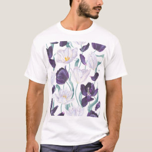 Camiseta Tulipanes morados: Realismo de la Vintage blanca.