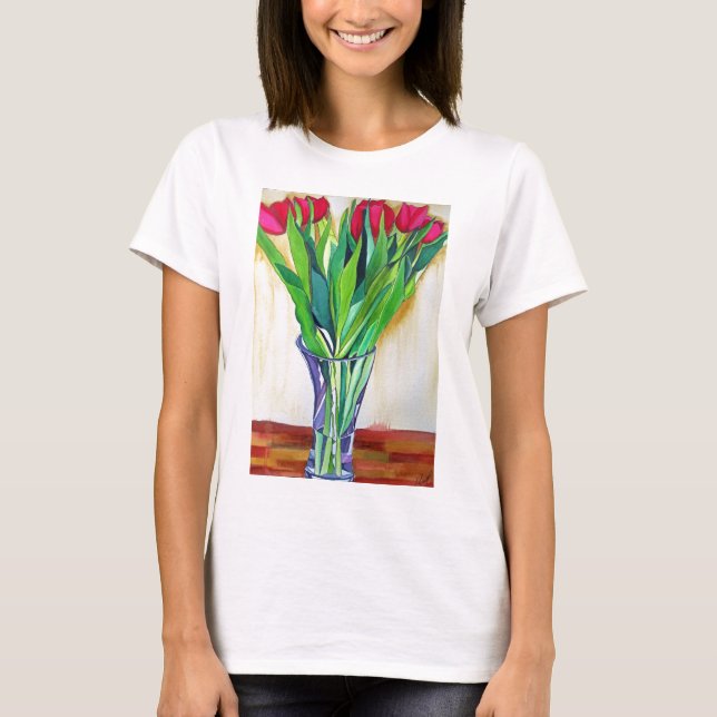 Camiseta tulipanes rosados y rojos acuarela (Anverso)