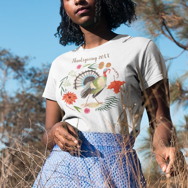 Camiseta Turco Rústico Elegante Día de Acción de Gracias Bo (Modern Elegant Turkey Botanical T-Shirt)
