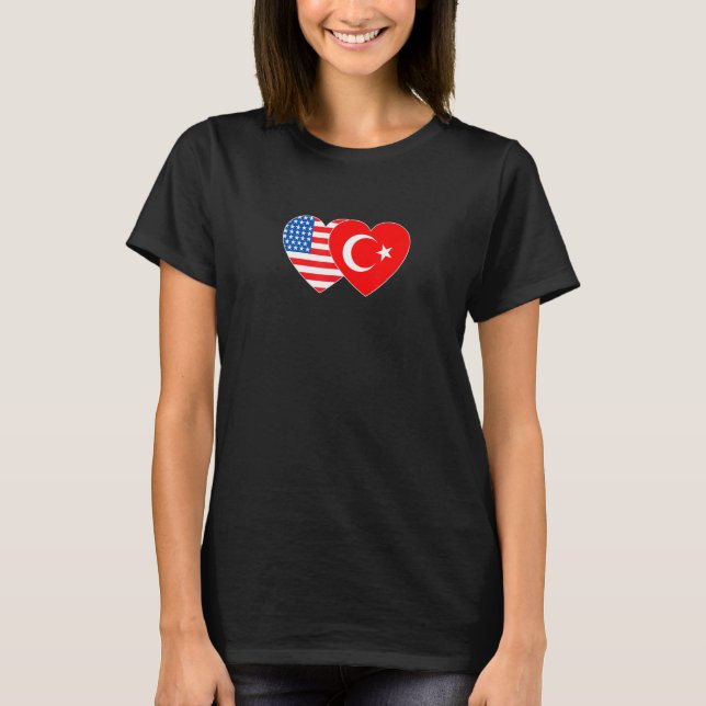 Camiseta Turkey and USA Flag Twin Heart for Turkish America (Anverso)