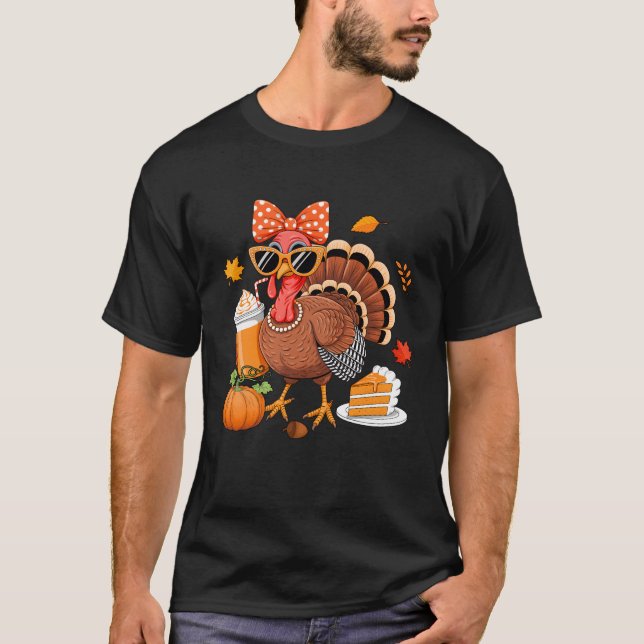 Camiseta Turkey Drinking Coffee Bow Thanksgiving Womens Tur (Anverso)