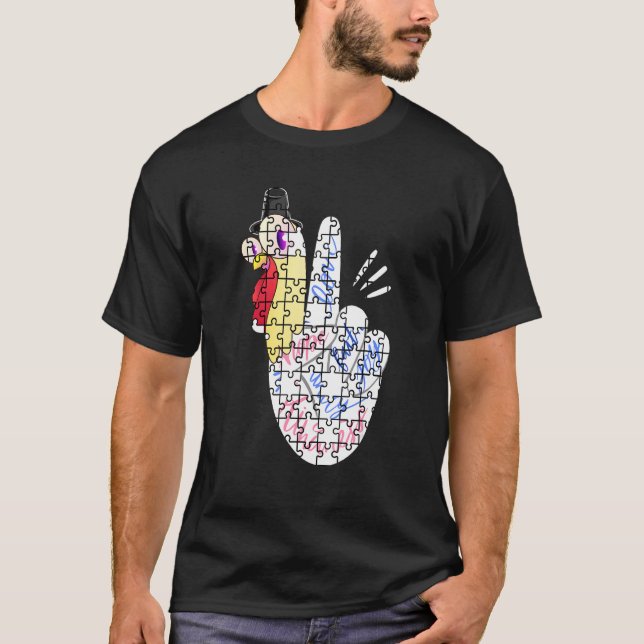 Camiseta Turkey Peace Hand Sign Puzzle Autism Thanksgiving  (Anverso)