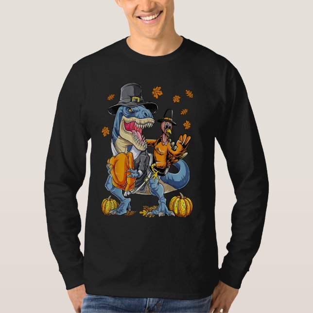 Camiseta Turkey Riding Dinosaur rex Thanksgiving  Pilgrim B (Anverso)