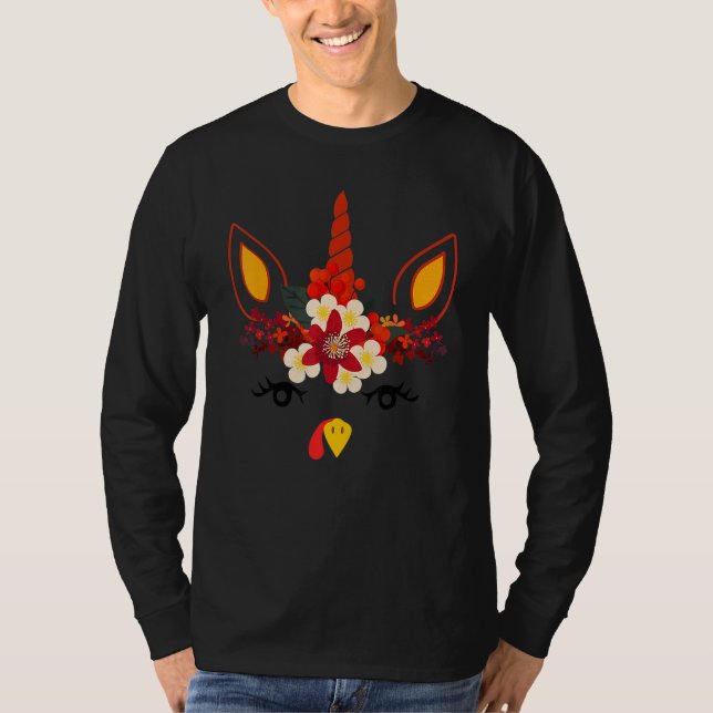 Camiseta Turkey Unicorn Face Flower Thanksgiving Pilgrim Gi (Anverso)