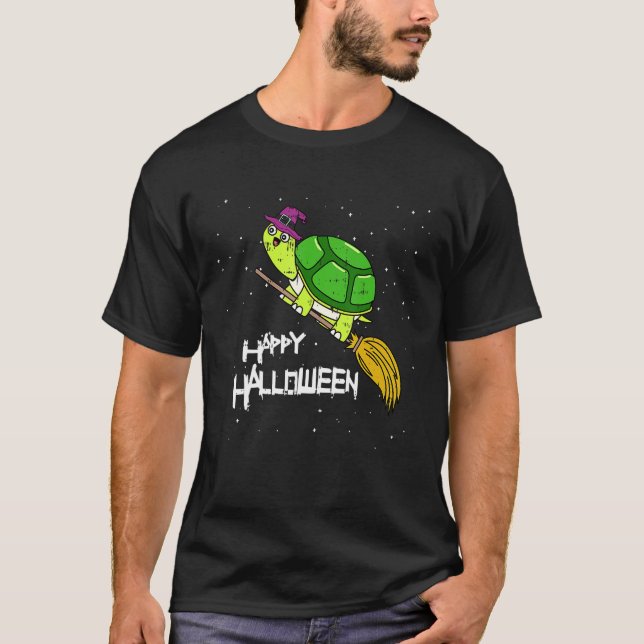 Camiseta Turtle Witch Broomstick Night Cute Reptile Hallowe (Anverso)