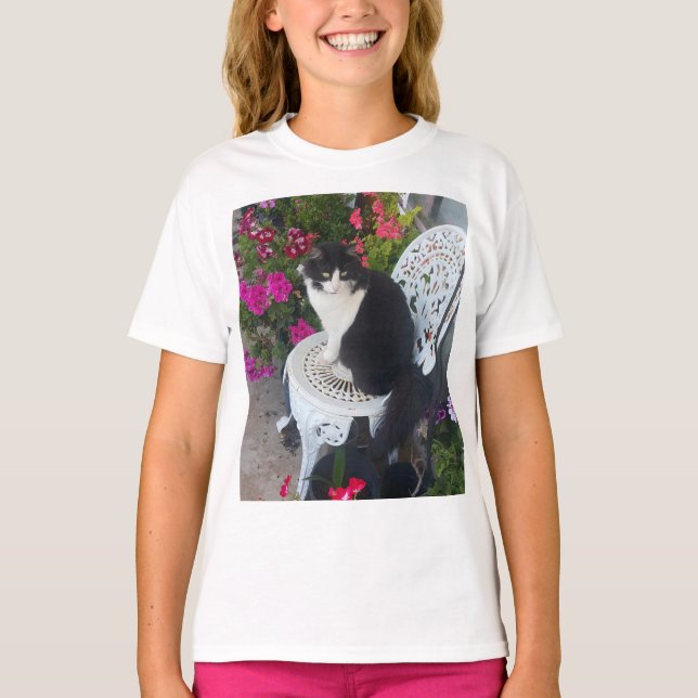 Camiseta Tuxedo Cat Cute Pretty Flowers Black Cats Girls (Anverso)