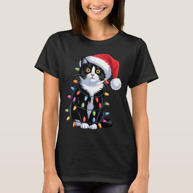 Camiseta Tuxedo Cat Meow Santa Tuxie Christmas Tree  (Anverso)
