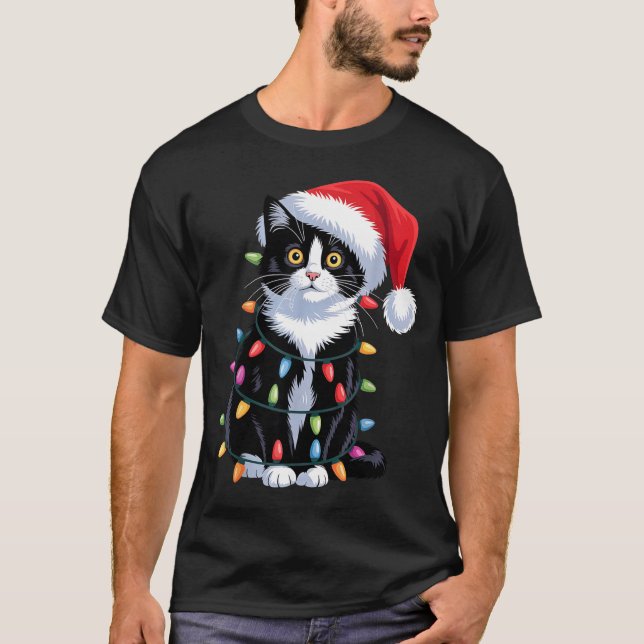 Camiseta Tuxedo Cat Meow Santa Tuxie Christmas Tree  (Anverso)