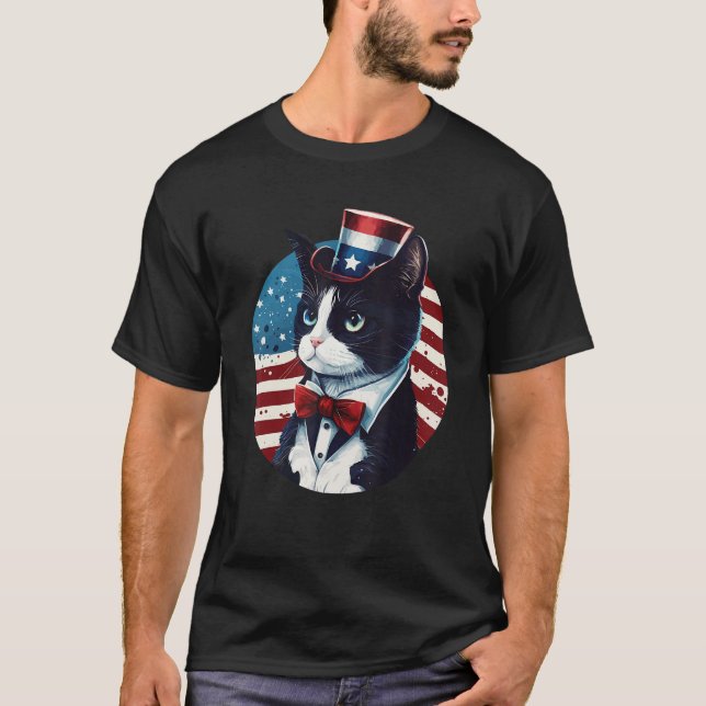 Camiseta Tuxedo Cat Patriot USA 4th of July Men Women (Anverso)