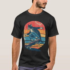 Camiseta Tuxedo Cat Skateboarder Retro 70s 80s Sunset Graph
