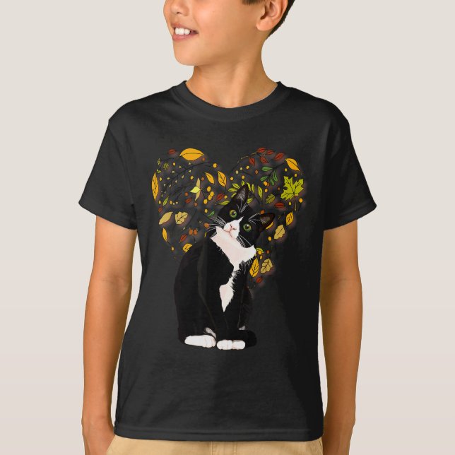 Camiseta Tuxedo Cat T Shirt Gift Autumn Fall Leaves Black A (Anverso)