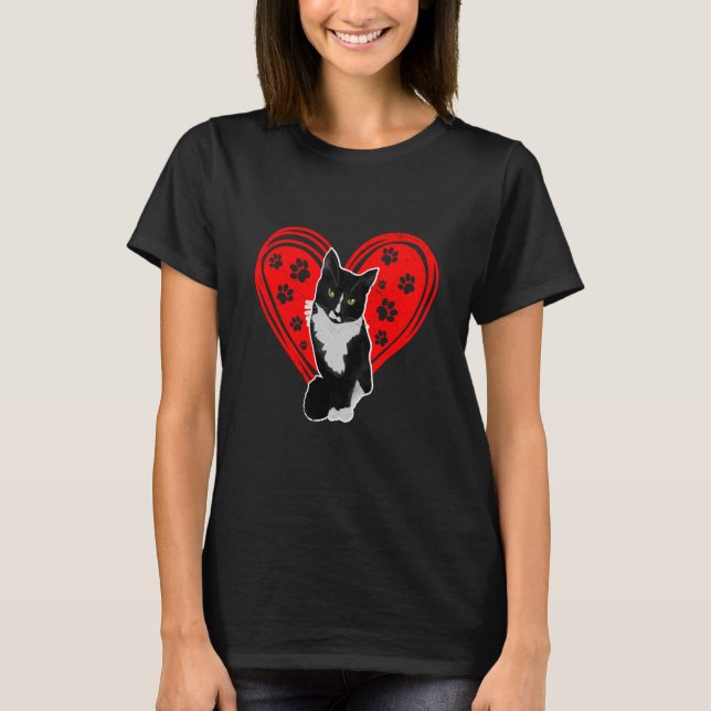 Camiseta Tuxedo Cat Valentine Heart Paw Para Gatito Y Gato (Anverso)