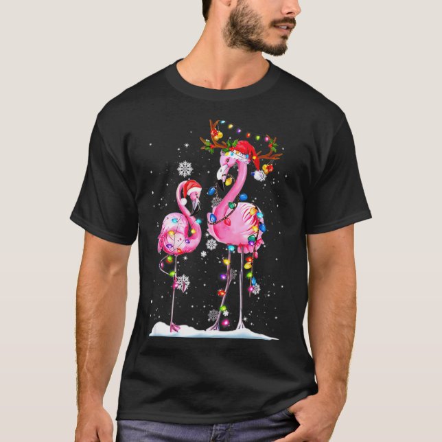 Camiseta Two Flamingo With Santa Hat And Lights Merry Chris (Anverso)