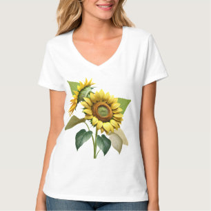 Camiseta Two Vibrant Sunflowers with Lush Green Leaves