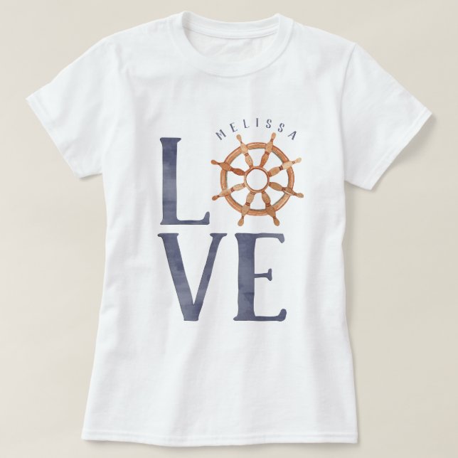 Camiseta Typografía acuática de amor náutico + rueda del ba (Diseño del anverso)